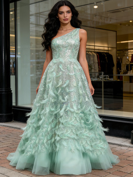 Shop 2026 ANNAKOO One Shoulder Green Feather A Line Sparkle Prom Dress Under 289