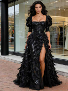 Black Puffy Sleeve Sequin Feather A Line Prom Dress