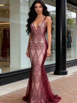 Shop 2026 ANNAKOO V Neck Trumpet Mermaid Burgundy Sparkle Tulle Prom Dress Under 269