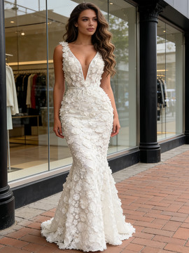 Shop 2026 ANNAKOO V Neck White Flower Trumpet Mermaid Prom Dress Under 230