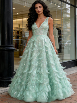 Green Feather Sequin A Line Tulle Prom Dress