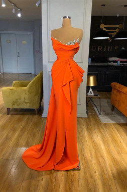 Shop 2026 ANNAKOO Satin Draped Ruffled Sweeping Train Orange Prom Dress Under 189