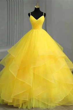Shop 2026 ANNAKOO V Neck Spaghetti Straps Tulle A Line Yellow Prom Dress Under 199