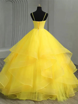 Shop 2026 ANNAKOO V Neck Spaghetti Straps Tulle A Line Yellow Prom Dress Under 199