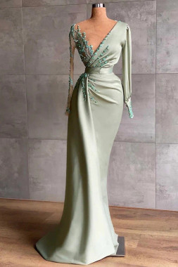 Shop 2026 ANNAKOO 3D Floral Embroidery Sheer Sleeve Sage Green Satin Prom Dress  Under 256
