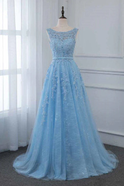 Shop 2026 ANNAKOO Illusion  A Line Tulle Light Blue Lace Prom Dress  Under 169