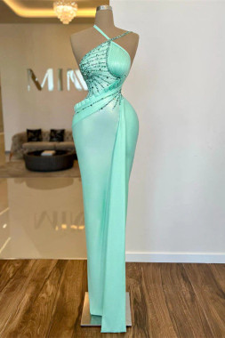 Shop 2026 ANNAKOO Halter Neck Beaded Embellishments Satin Mint Green Prom Dress Under 199