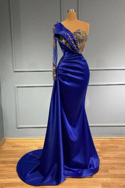Shop 2026 ANNAKOO Royal Blue One Shoulder Satin Long Sleeves Mermaid Prom Dress Under 199