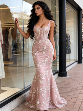 Shop 2026 ANNAKOO Pink Straps Sweetheart Tulle Lace Floral Trumpet Mermaid Prom Dress Under 189