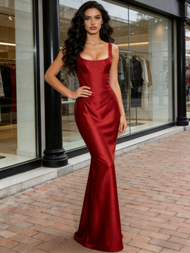 Shop 2026 ANNAKOO Burgundy V Neck Satin Trumpet Mermaid Prom Dress Under 139