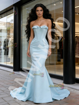 Shop 2026 ANNAKOO Light Blue Satin Trumpet Mermaid Ruffles Strapless Prom Dress Under 169