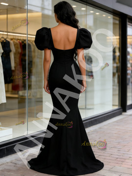Shop 2026 ANNAKOO Puffy Sleeve Sweetheart Satin Trumpet Mermaid Black Prom Dress  Under 149