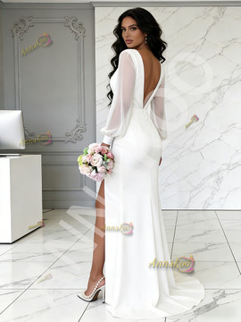 Shop 2026 ANNAKOO Chiffon Long Sleeves V Neck Ruched White Wedding Dress With Slit Under 179