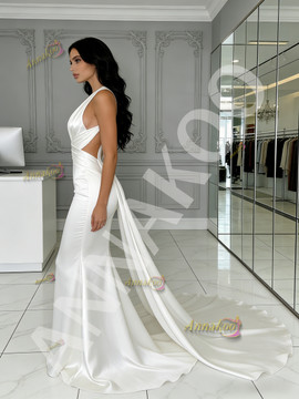 Shop 2026 ANNAKOO Halter V Neck Trumpet Mermaid Satin White Wedding Dress With Train Under 189