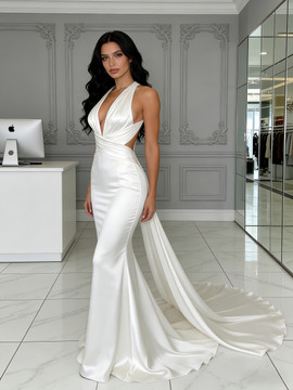Shop 2026 ANNAKOO Halter V Neck Trumpet Mermaid Satin White Wedding Dress With Train Under 189