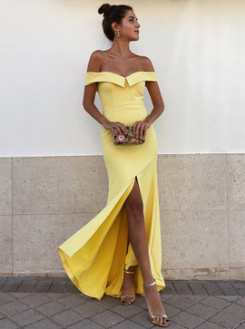 Split Yellow Satin Long Sheath Off-the-Shoulder Prom Party Dress 
