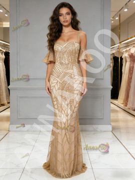 Shop 2025 ANNAKOO Straps Puffy Sleeve Gold Sequin Trumpet Mermaid Prom Dress Under 249