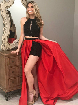 Two Piece Round Neck Lace Beading Keyhole Red Prom Party Dress