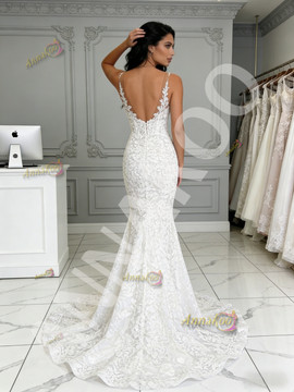 Shop 2026 V Neck Trumpet Mermaid Lace Simple Wedding Dress Under 259