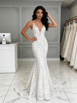 Shop 2026 V Neck Trumpet Mermaid Lace Simple Wedding Dress Under 259