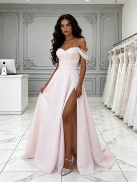 Shop 2026 ANNAKOO Pink Off The Shoulder Tulle Ruched Wedding Dress With Slit Under 198
