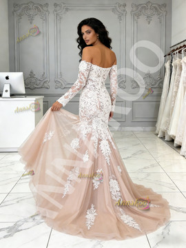 Shop 2026 ANNAKOO Champagne Tulle Long Sleeve Trumpet Mermaid Wedding Dress Under 259