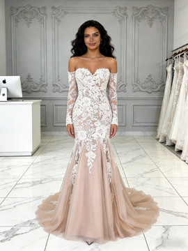 Shop 2026 ANNAKOO Champagne Tulle Long Sleeve Trumpet Mermaid Wedding Dress Under 259