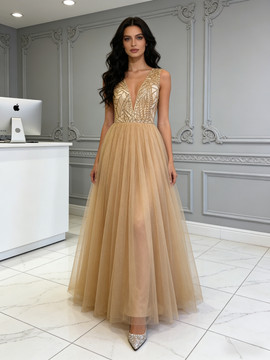 Shop 2026 ANNAKOO V Neck Sequin Tulle A Line Champagne Prom Dress Under 189