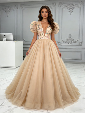 Shop 2026 ANNAKOO Puffy Sleeve V Neck Lace Embroidery A Line Prom Dress Under 249