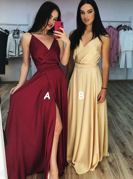 Split Dark Red A-Line V-Neck Long Prom Party Dress