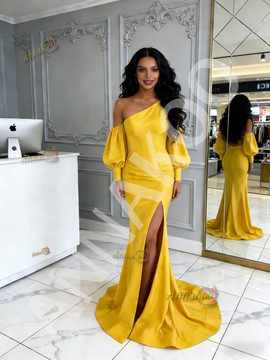 Shop 2026 ANNAKOO Yellow Satin One Shoulder Long Sleeve Sheath Column Prom Dress Under 189