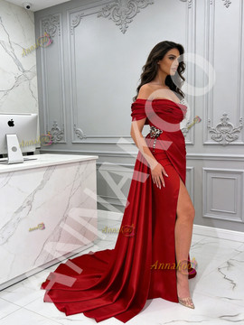 Shop 2026 ANNAKOO Red Satin Off The Shoulder Trumpet Mermaid Beading Prom Dress Under 189
