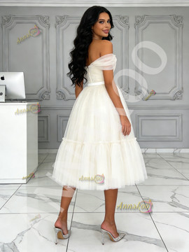 Shop 2026 ANNAKOO Beige Off The Shoulder Tea Length Tulle Prom Dress under 169