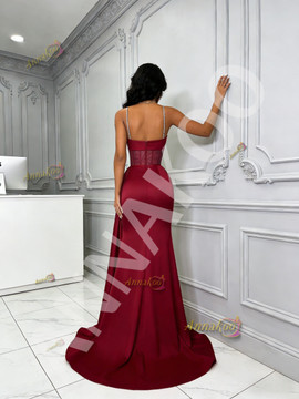 Shop 2026 ANNAKOO Burgundy Beading Spaghetti Straps Satin Trumpet Mermaid Prom Dress With Slit Under 198