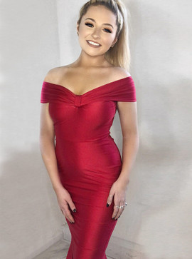 Cheap Long Red Satin Mermaid Off-the-Shoulder Prom Party Dress
