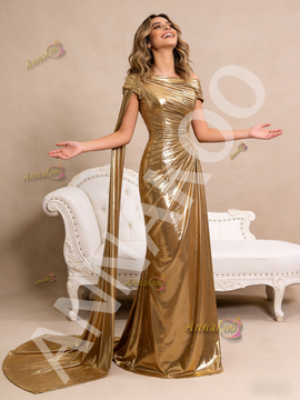 Shop 2026 ANNAKOO A Line Gold Pleats Beading Satin Prom Dress Under 788