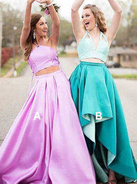 Pleated Pink Satin Two Piece Halter Prom Dress
