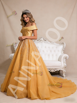 Shop 2026 ANNAKOO Off the Shoulder Pleats Gold Tulle Sequins Prom Dress Under 789