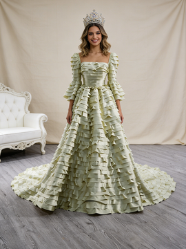 Shop 2026 ANNAKOO A Line Green Satin Long Sleeve Tiers Prom Dress Under 789