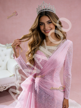 Pink Mermaid Long Sleeve Pearls Prom Dress