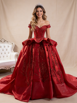 Shop 2026 ANNAKOO Burgundy Ball Gown Off The Shoulder Satin Sequins Prom Dress Under 789