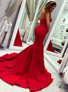 Cheap Mermaid Sweetheart Long Red Satin Prom Dress