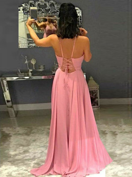 Split A-Line Spaghetti Straps Pink Chiffon Prom Dress