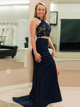 Lace Split V-Neck Navy Blue Satin Two Piece Cross Prom Dress