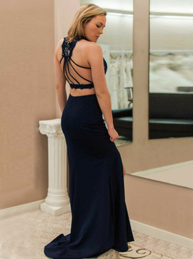 Lace Split V-Neck Navy Blue Satin Two Piece Cross Prom Dress
