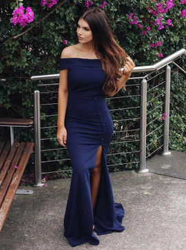 Split Navy Blue Satin Sheath Off-the-Shoulder Prom Dress 