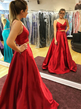 Pleats Two Piece Spaghetti Straps Red Satin Prom Dress