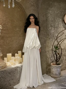 Shop 2026 ANNAKOO Strapless Satin & Chiffon A Line White Wedding Dress Under 189