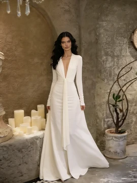 Shop 2026 ANNAKOO Satin V Neck Long Sleeves A Line Backless Wedding Dress Under 189