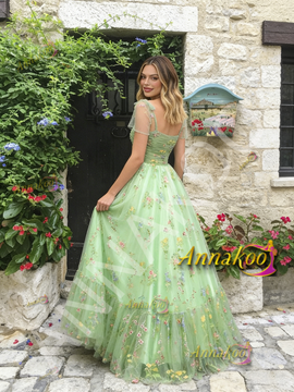 Tie Straps Tulle A Line Green Floral Prom Dress